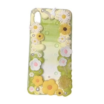 Handmade fairytale baroque decoden phone case with floral cream glue design and pearl embellishments