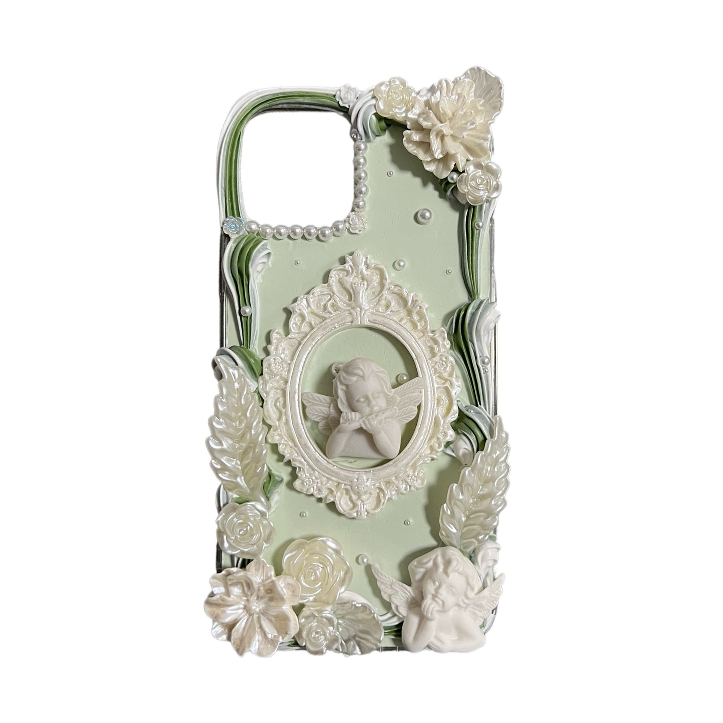 green baroque decoden phone case - artisanal cream glue design for unique style