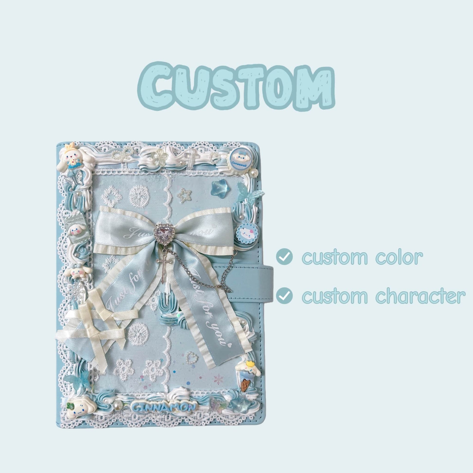 Handmade decoden ring binder notebook with customizable baroque charms and pastel cream glue design