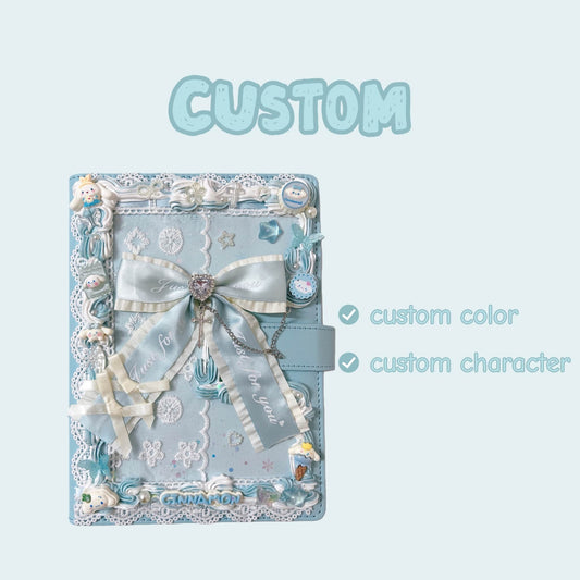 Handmade decoden ring binder notebook with customizable baroque charms and pastel cream glue design