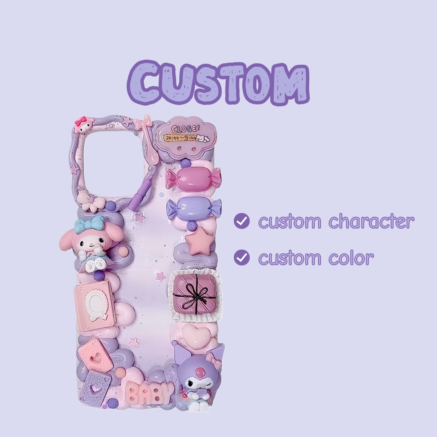 Handmade decoden phone case with customizable baroque charms, pearls, and pastel cream glue design