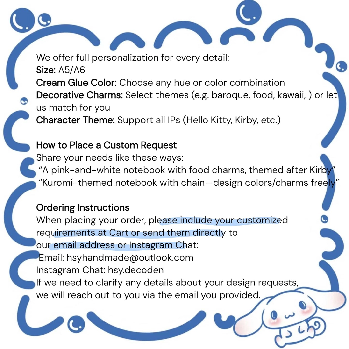 Custom decoden notebook available in A5 and A6 sizes with personalized character themes and decorative charms