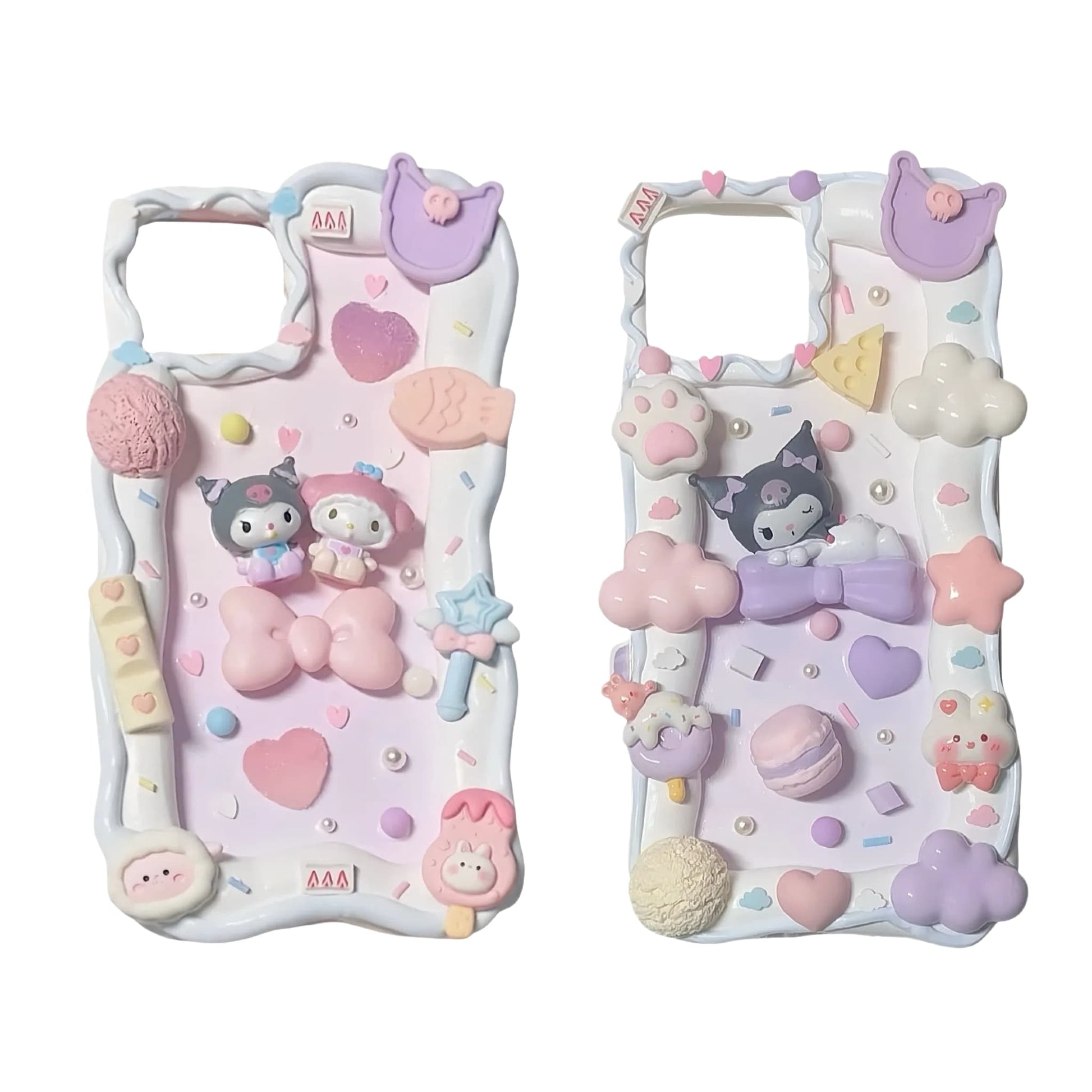Custom decoden phone case with Kuromi and Melody cream glue design, shockproof protection and unique handcrafted details