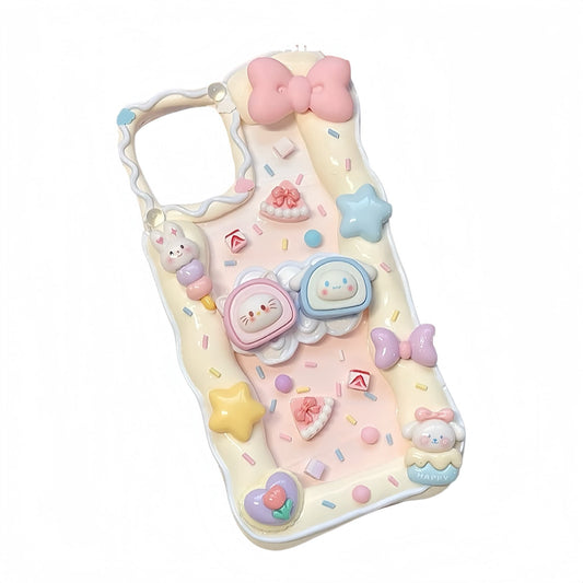 Yellow kawaii custom decoden phone case with handmade cream glue design and colorful decorative charms
