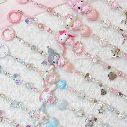 Handmade Sanrio character phone chain keychain charm with crystal beads