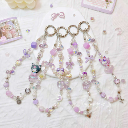 Handmade Sanrio phone chain with crystal beads and character charm strap - premium kawaii accessory