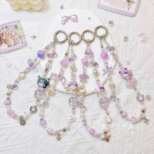 Handmade Sanrio phone chain with crystal beads and character charm strap - premium kawaii accessory