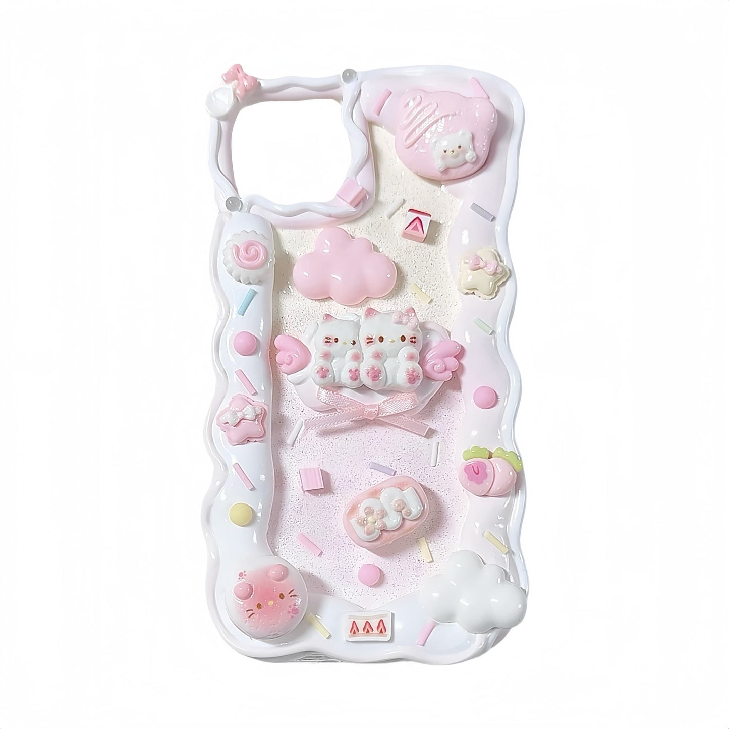 Pink custom decoden phone case featuring handcrafted rabbit cream glue embellishments and cute charms