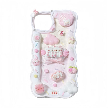 Pink custom decoden phone case featuring handcrafted rabbit cream glue embellishments and cute charms