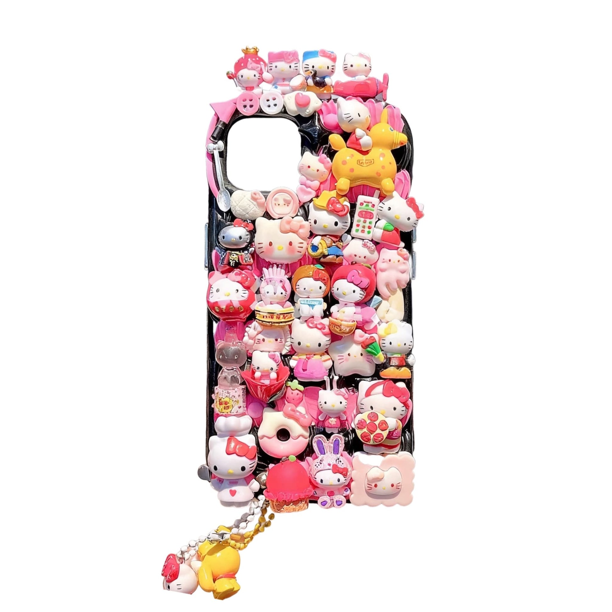 Handmade Sanrio Hello Kitty decoden phone case with black cream glue design and luxury pearl accents