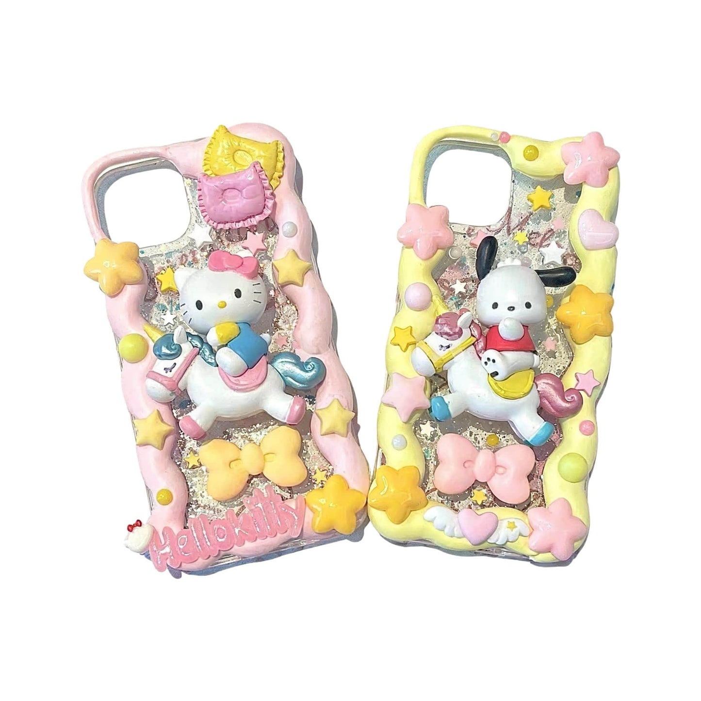 Hello Kitty and Pochacco decoden phone case with whipped cream texture and colorful embellishments