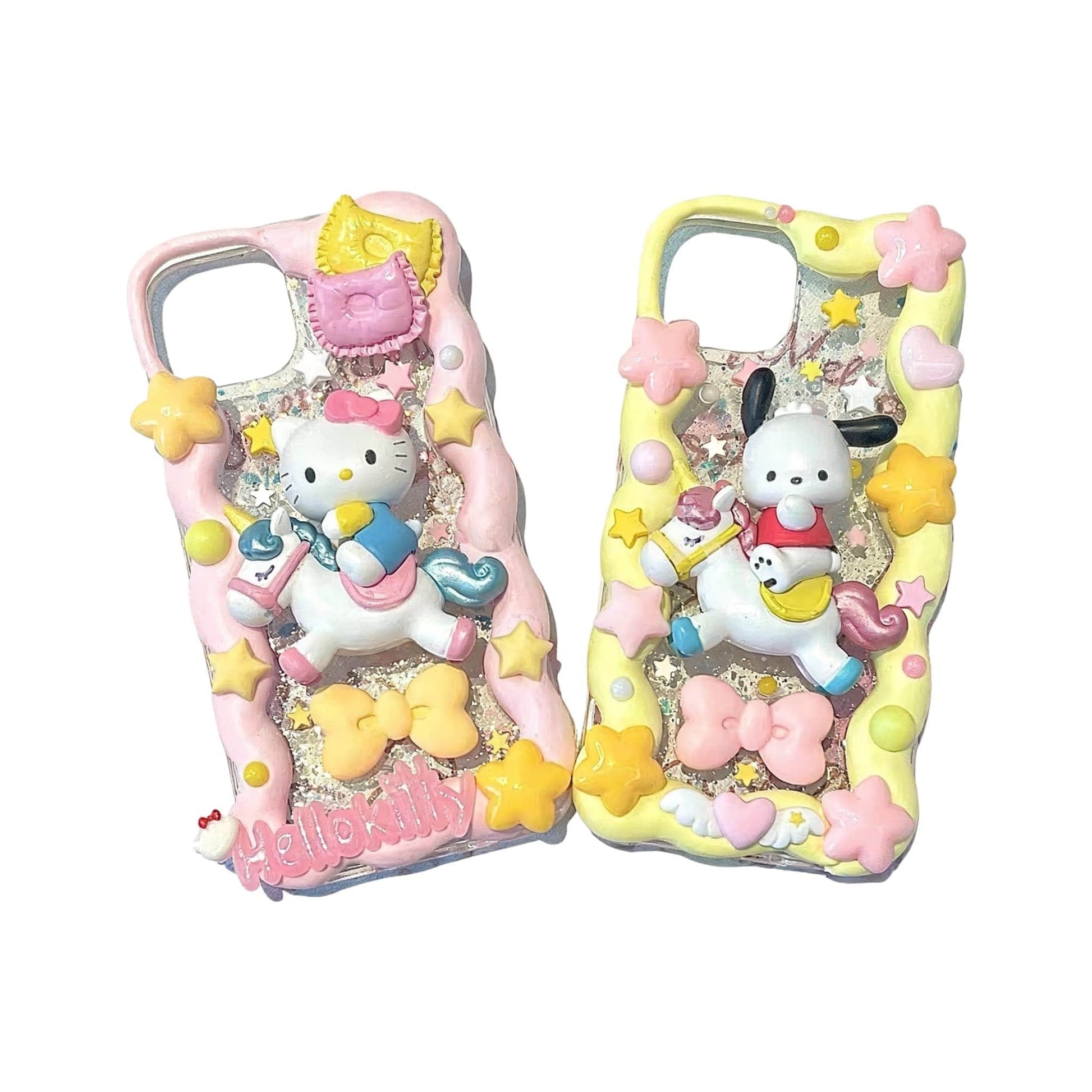Hello Kitty and Pochacco decoden phone case with whipped cream texture and colorful embellishments