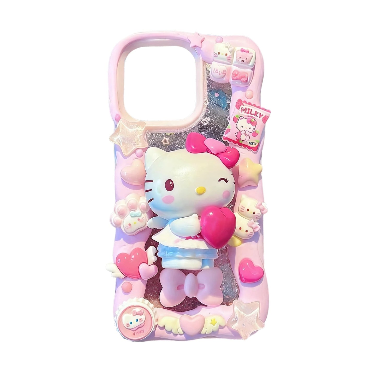 Hello Kitty custom decoden phone case with 3D cream decorations and pink bow details