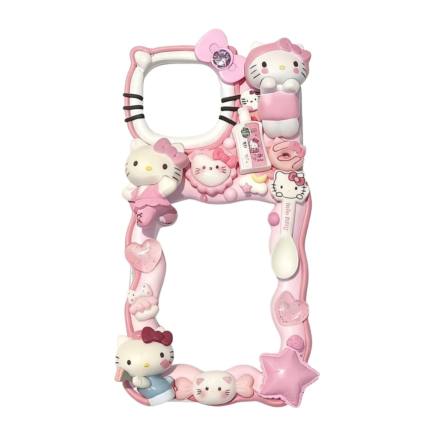 Hello Kitty pink decoden card holder phone case with 3D cream decorations and bow details
