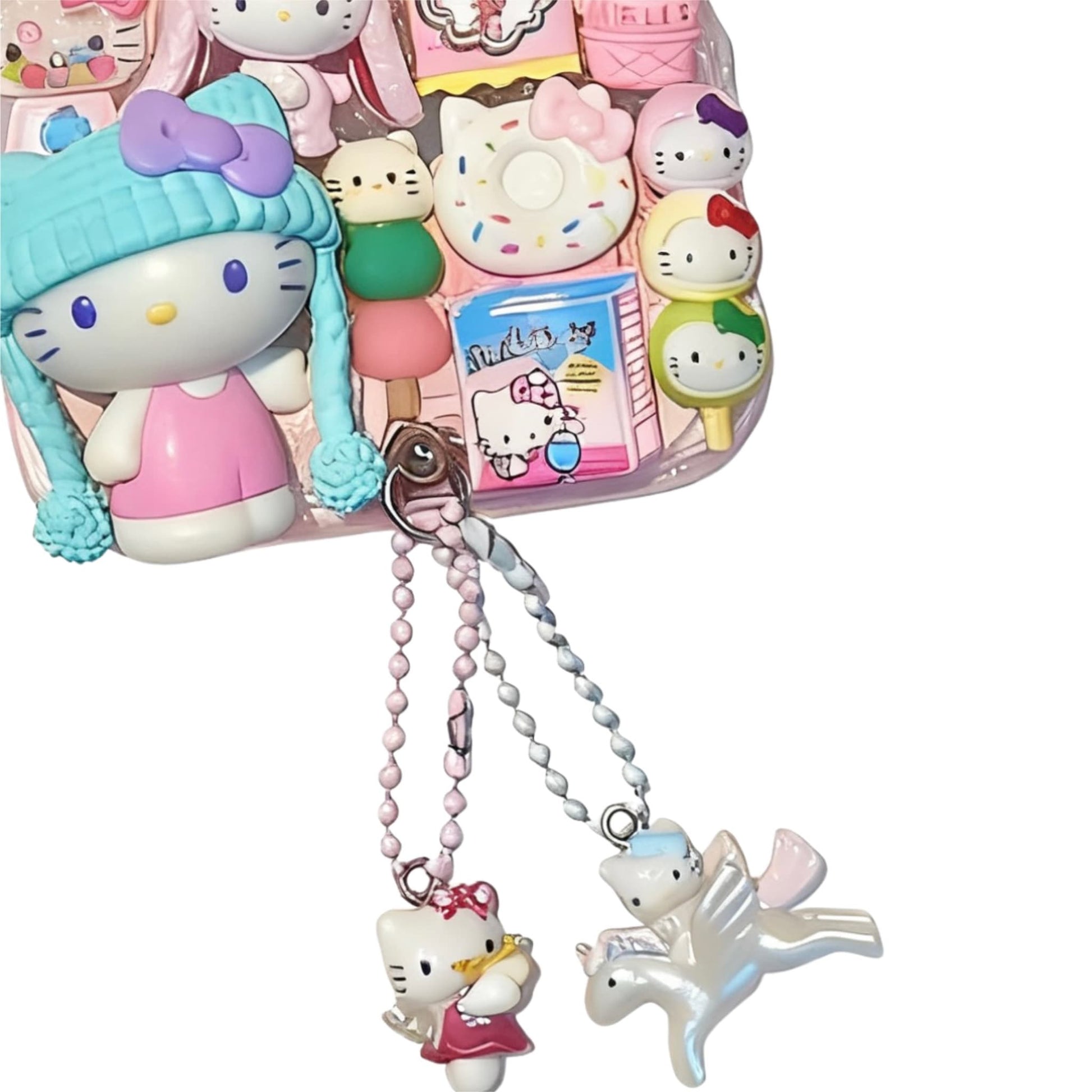 Hello Kitty phone case charm detail, handcrafted decoden decoration with Sanrio character elements