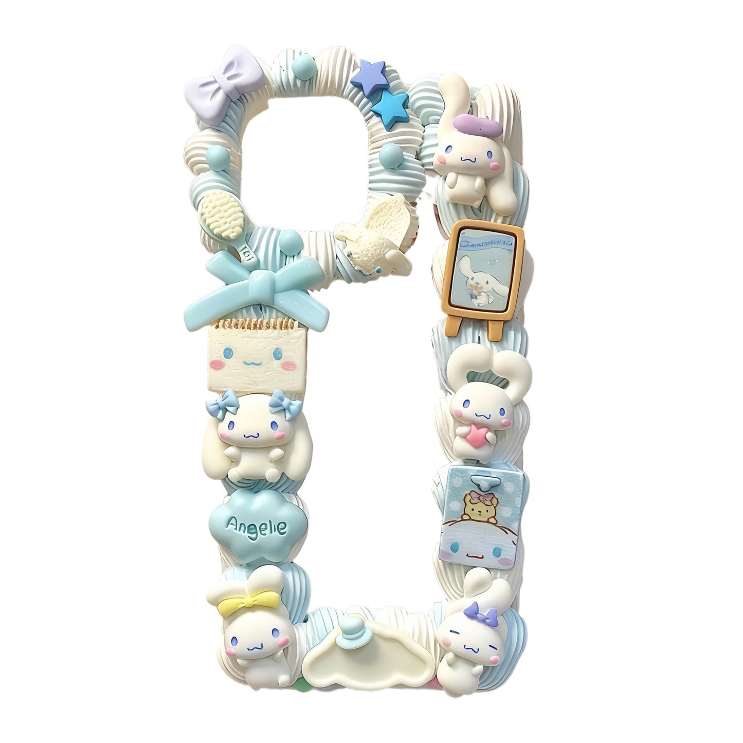 kawaii Cinnamoroll handmade phone case showing baroque decoden details and Sanrio character charms