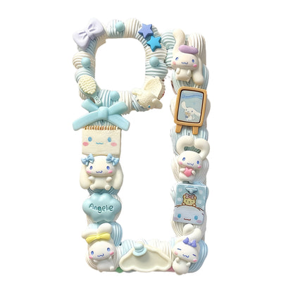 kawaii Cinnamoroll handmade phone case showing baroque decoden details and Sanrio character charms