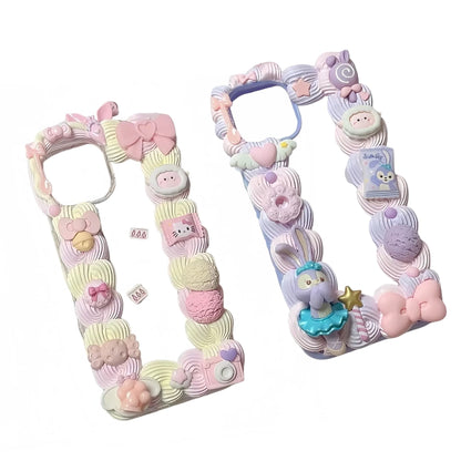 Pink handmade decoden phone case with kawaii cream glue design and colorful charms