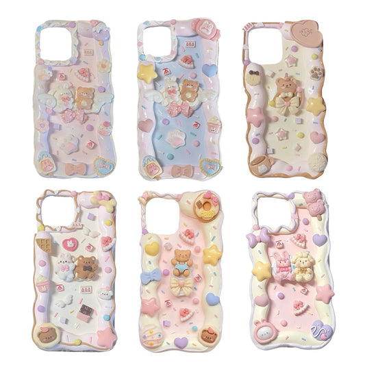 Kawaii decoden phone case with handmade bear and rabbit cream glue design and colorful charms