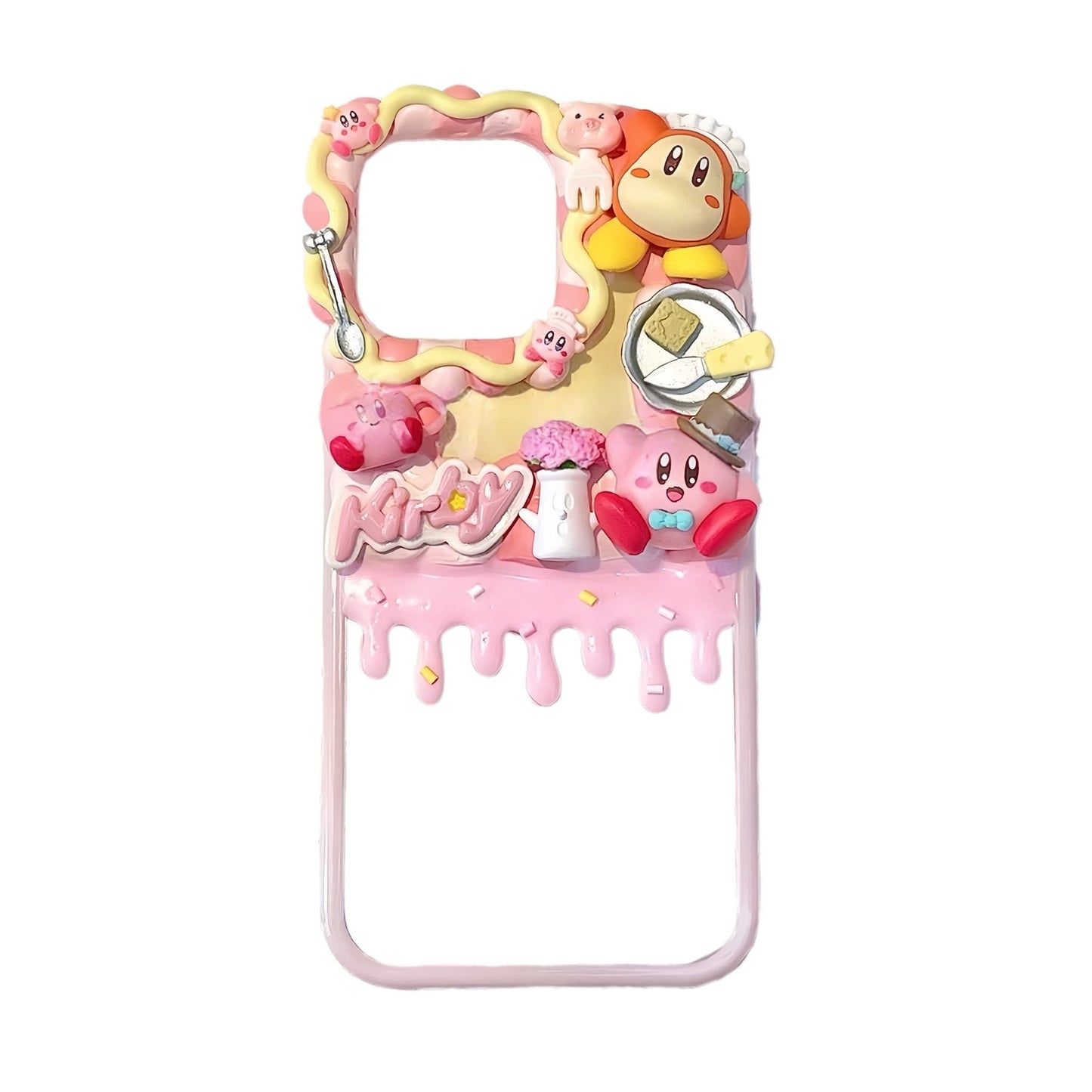 Luxury Y2K style Kirby phone case featuring handcrafted decoden art with pastel cream and pearl details