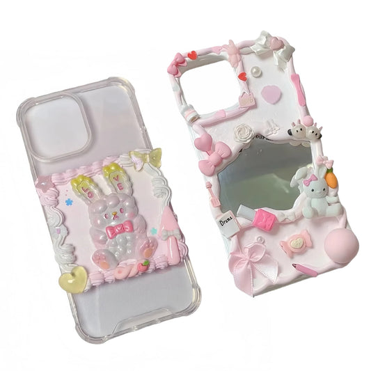 Kawaii handmade decoden phone case with mirror cream glue design and colorful decorative charms
