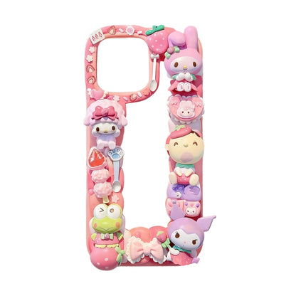 Pink kawaii decoden phone case with handmade 3D Sanrio decorations and baroque style details