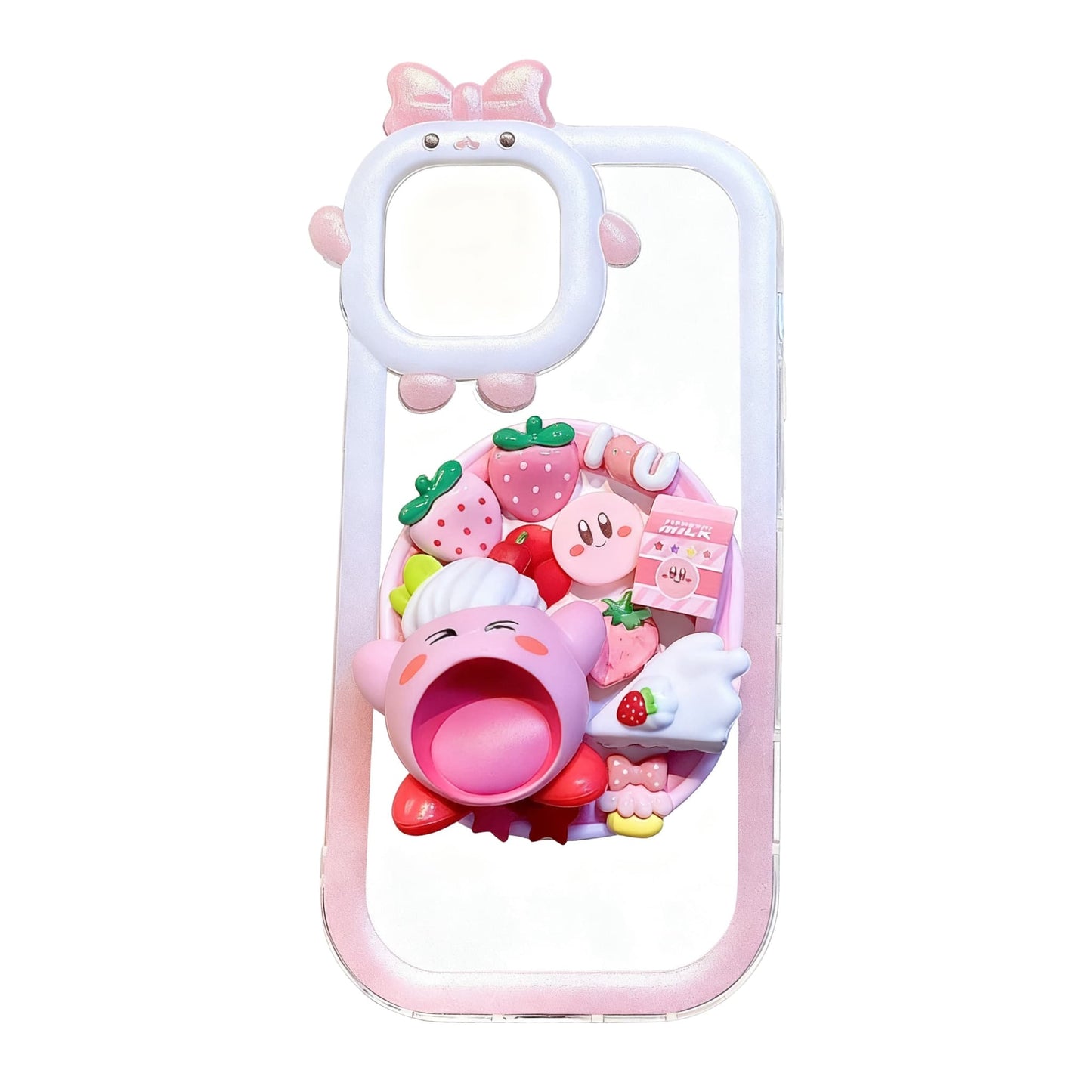 Handmade kawaii Kirby decoden phone case in pink with Y2K aesthetic cream glue design and 3D decorations