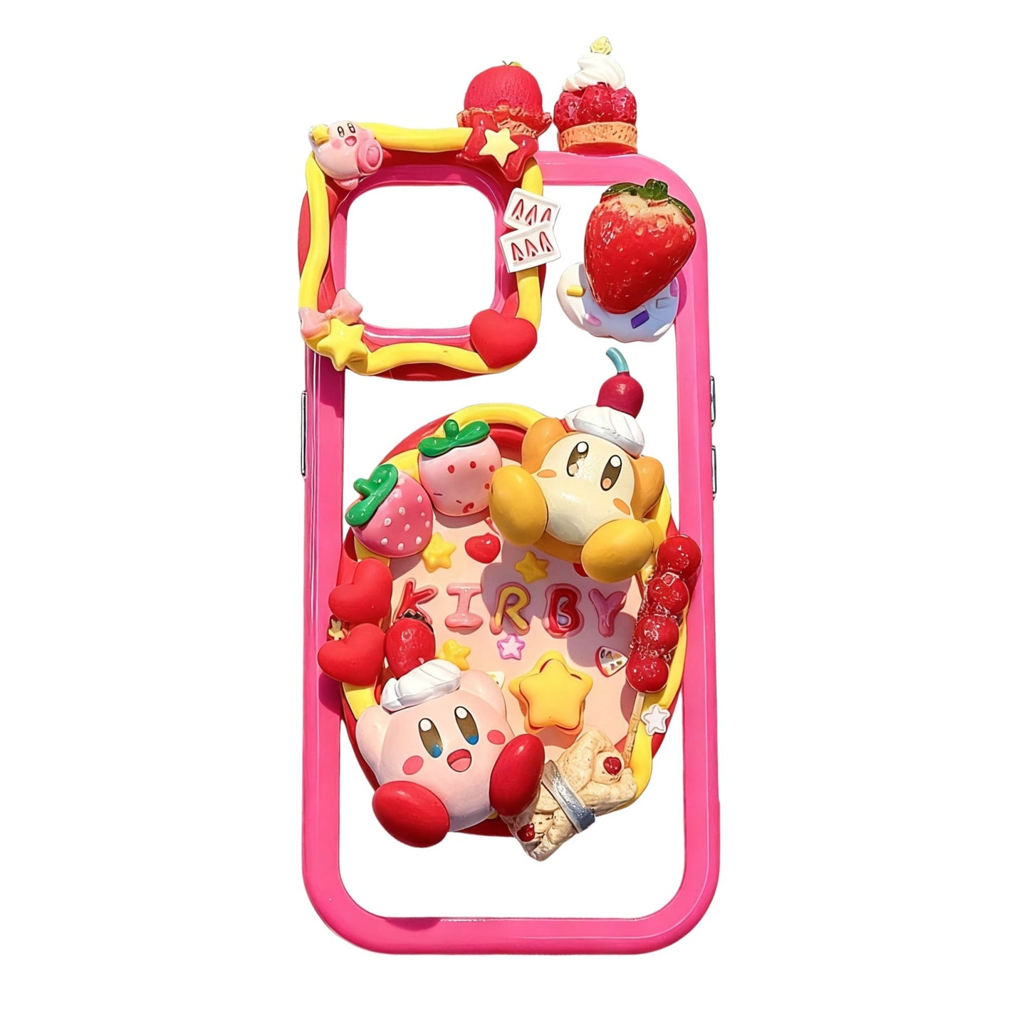 Handmade Y2K Kirby decoden phone case in red with 3D cream glue design, kawaii charms and baroque embellishments