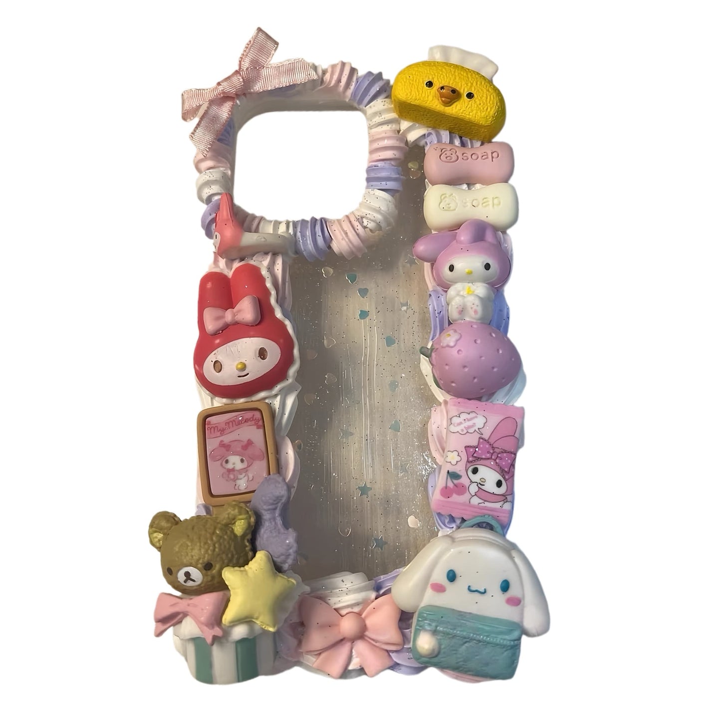 kawaii decoden phone case showing handcrafted 3D Sanrio elements and cream glue texture details