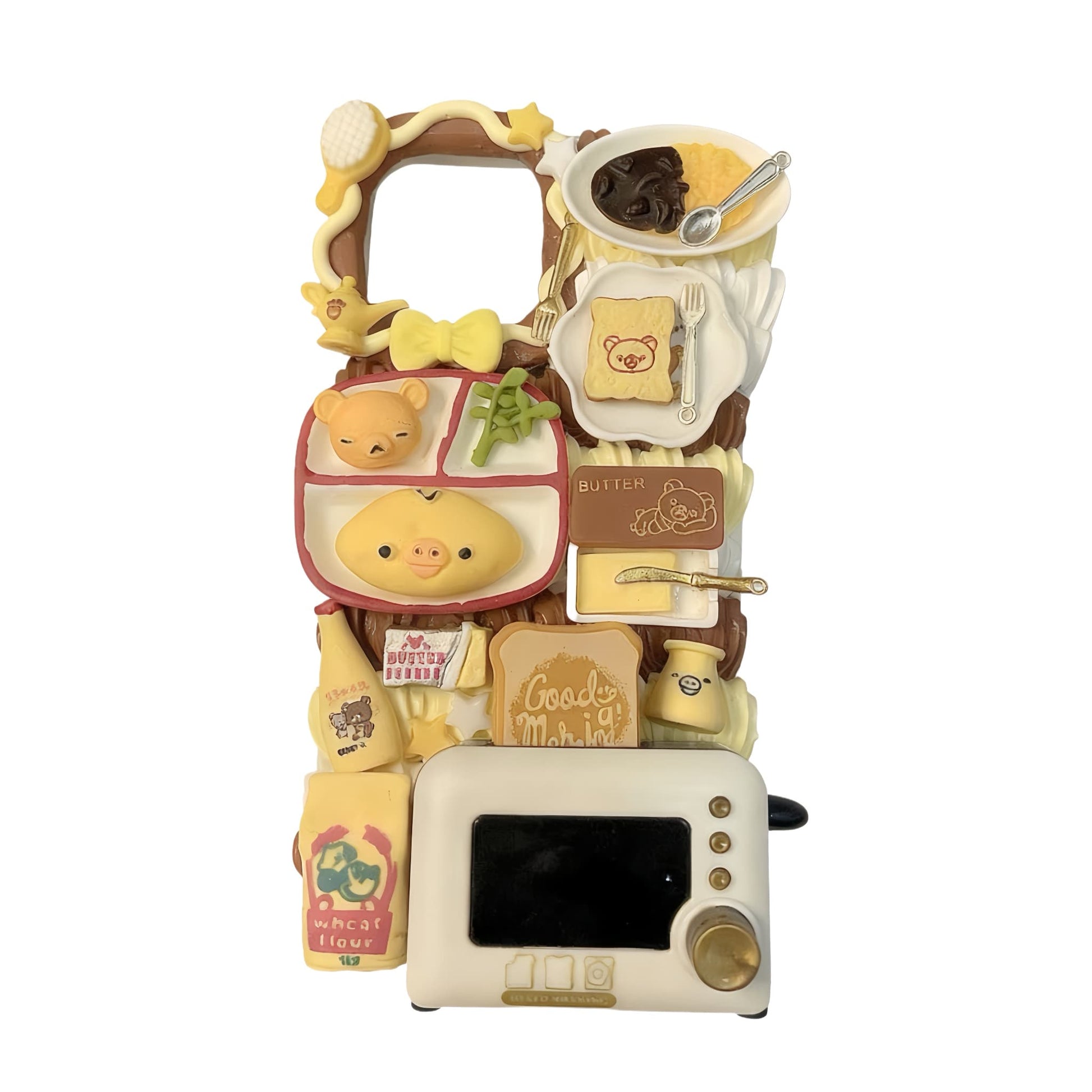Handmade decoden phone case featuring Rilakkuma character with cream glue design in coquette style, luxury Y2K aesthetic