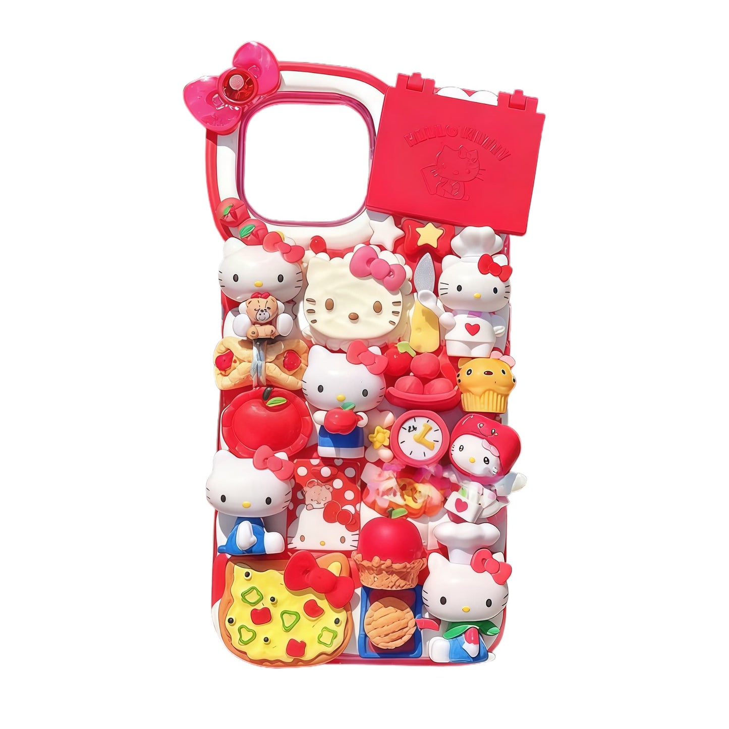 Red Hello Kitty handmade decoden phone case featuring custom cream glue decoration and Sanrio character design