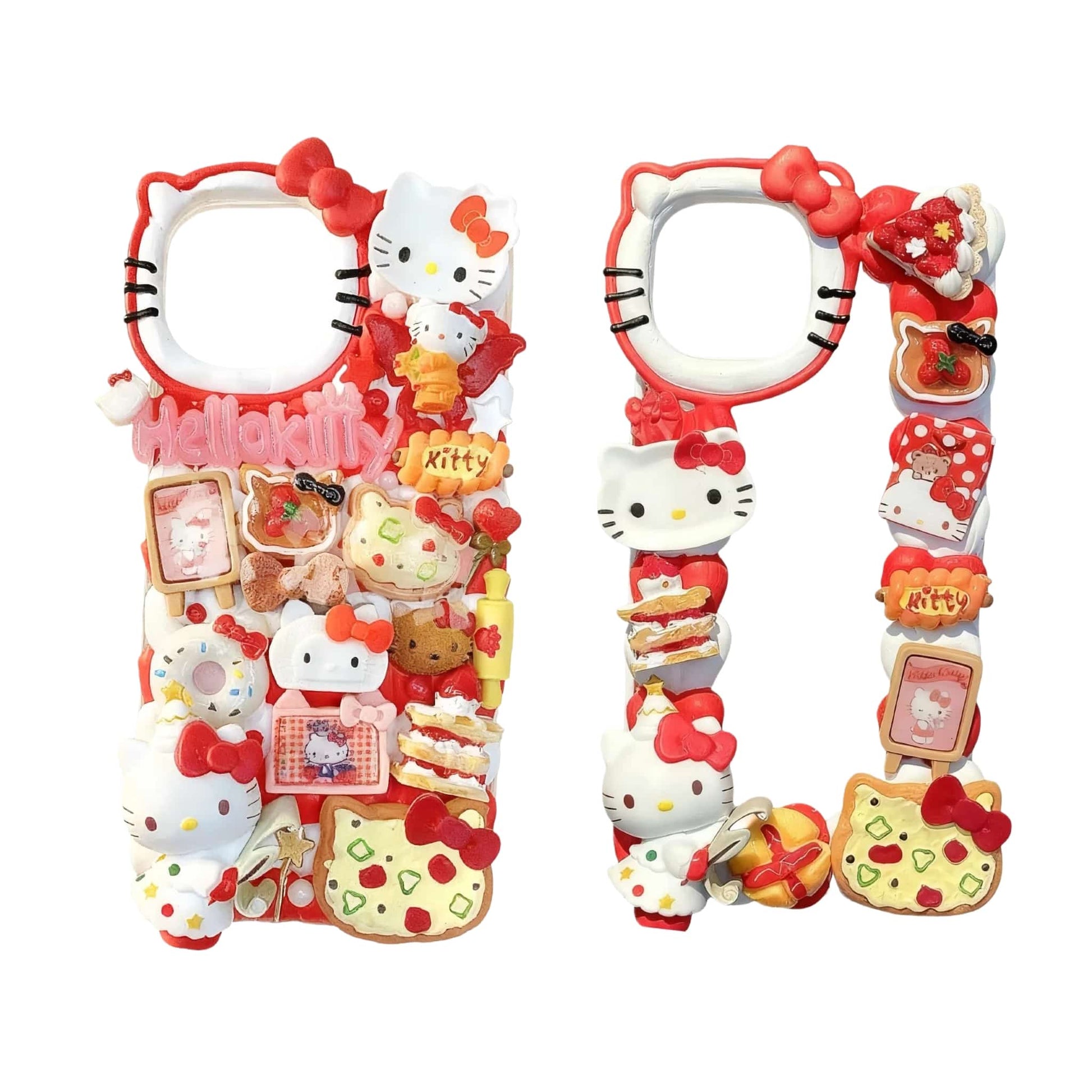 Red Sanrio Hello Kitty decoden phone case with handmade cream glue and pearl accents
