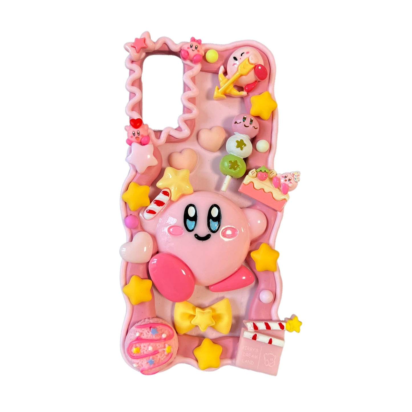 Handmade kawaii Kirby decoden phone case with baroque-inspired cream glue design and pink pearl embellishments