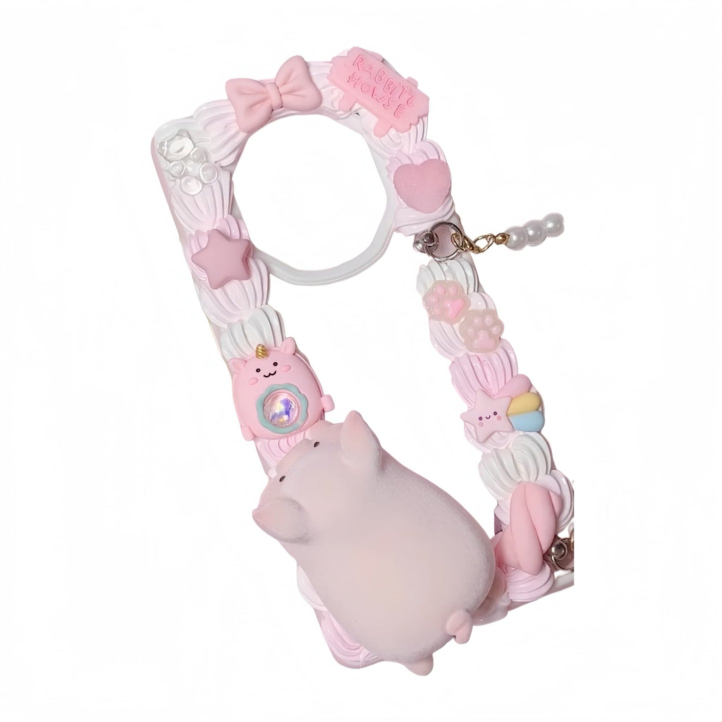 Pink kawaii decoden phone case with rabbit cream glue design, shockproof protection and unique handmade details