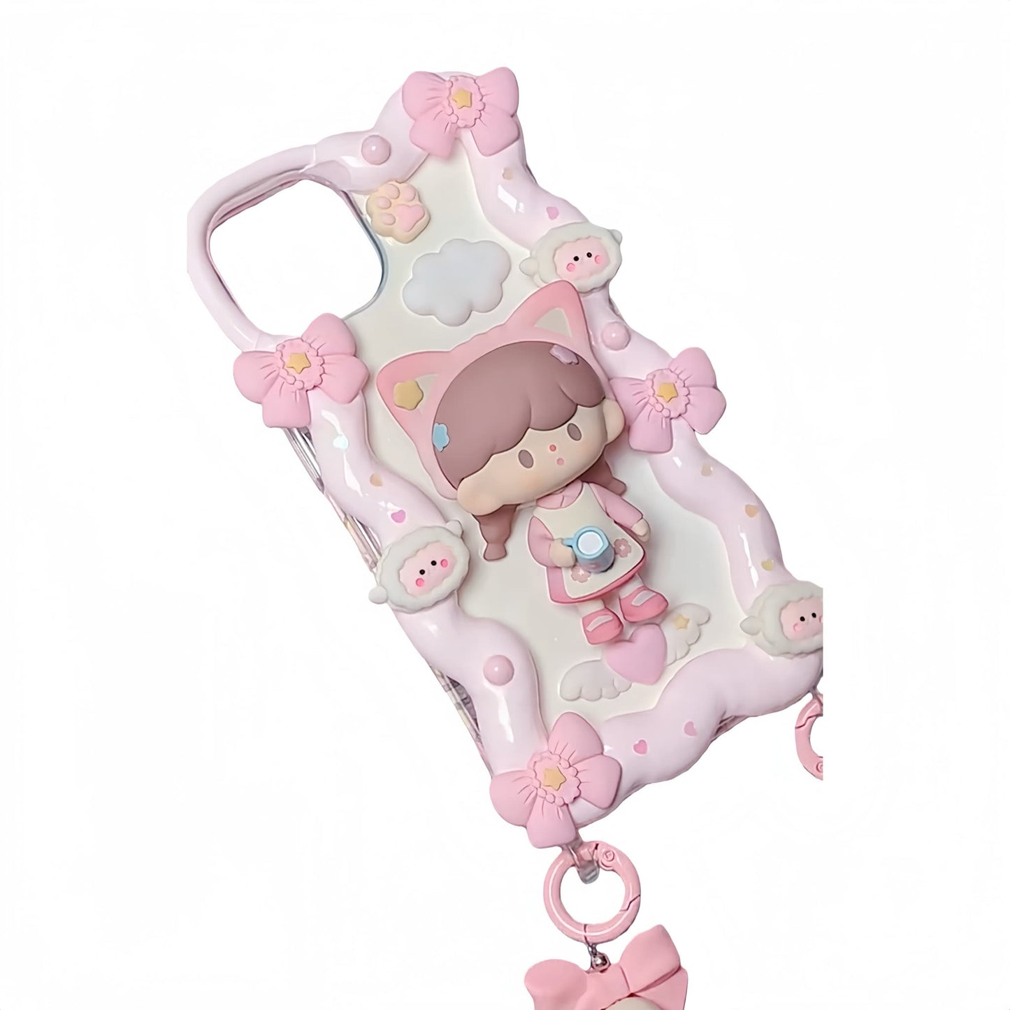Pink kawaii decoden phone case featuring handcrafted baroque cream glue art with Skullpanda theme