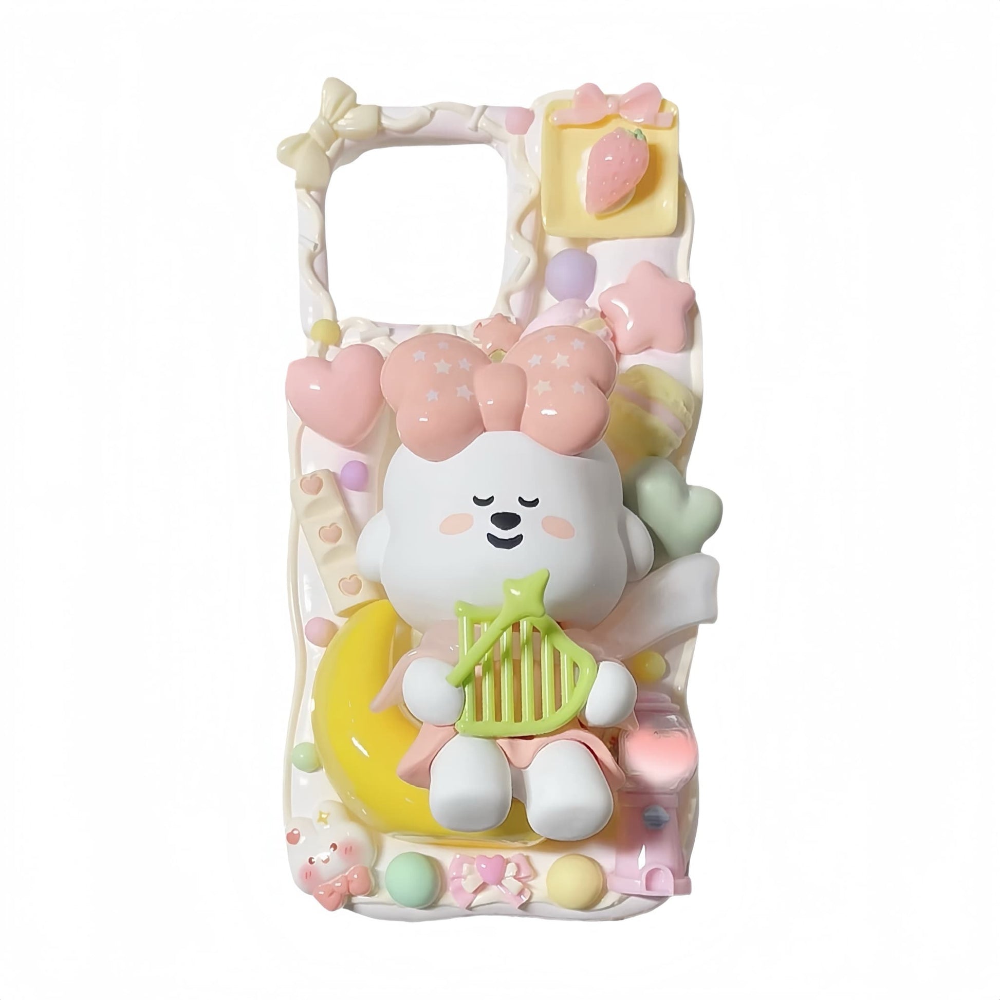 Handmade decoden phone case with pink cream glue design featuring Baroque-inspired embellishments and Y2K aesthetic kawaii decorations