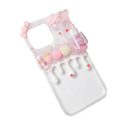Kawaii rabbit decoden phone case with handmade cream glue decorations, pearls, and pink bow charm