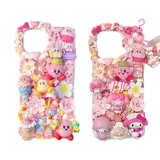 Handmade 3D Kirby decoden phone case with custom cream glue design, kawaii charms and baroque embellishments
