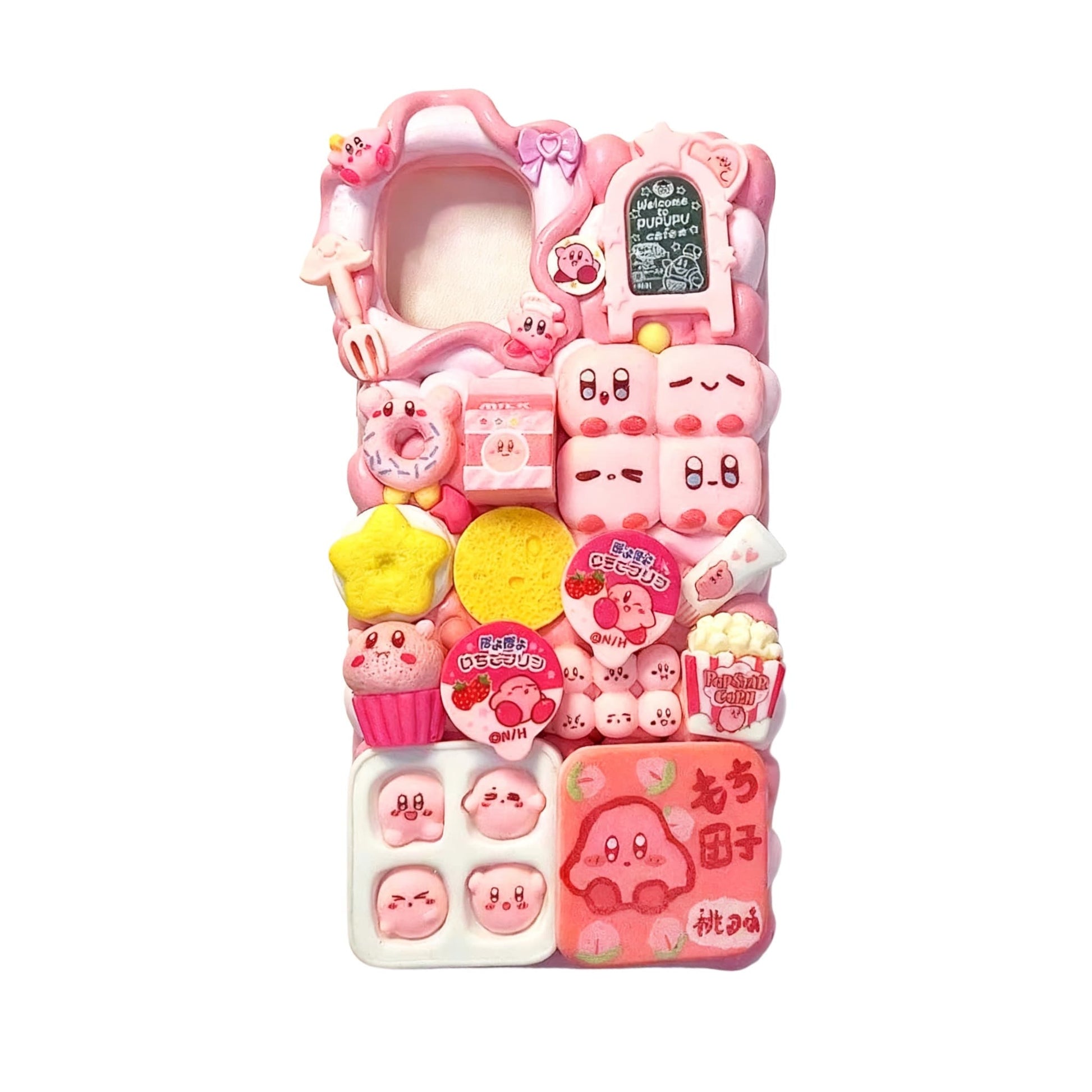 Handmade decoden phone case featuring 3D Kirby character in pink cream glue design with kawaii baroque aesthetic