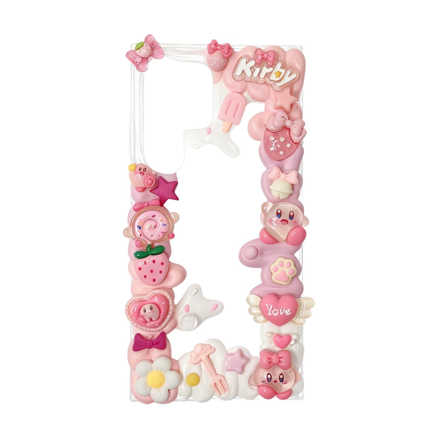 Handmade decoden phone case featuring pink Kirby character design with cream glue embellishments, Baroque and Y2K aesthetic styling