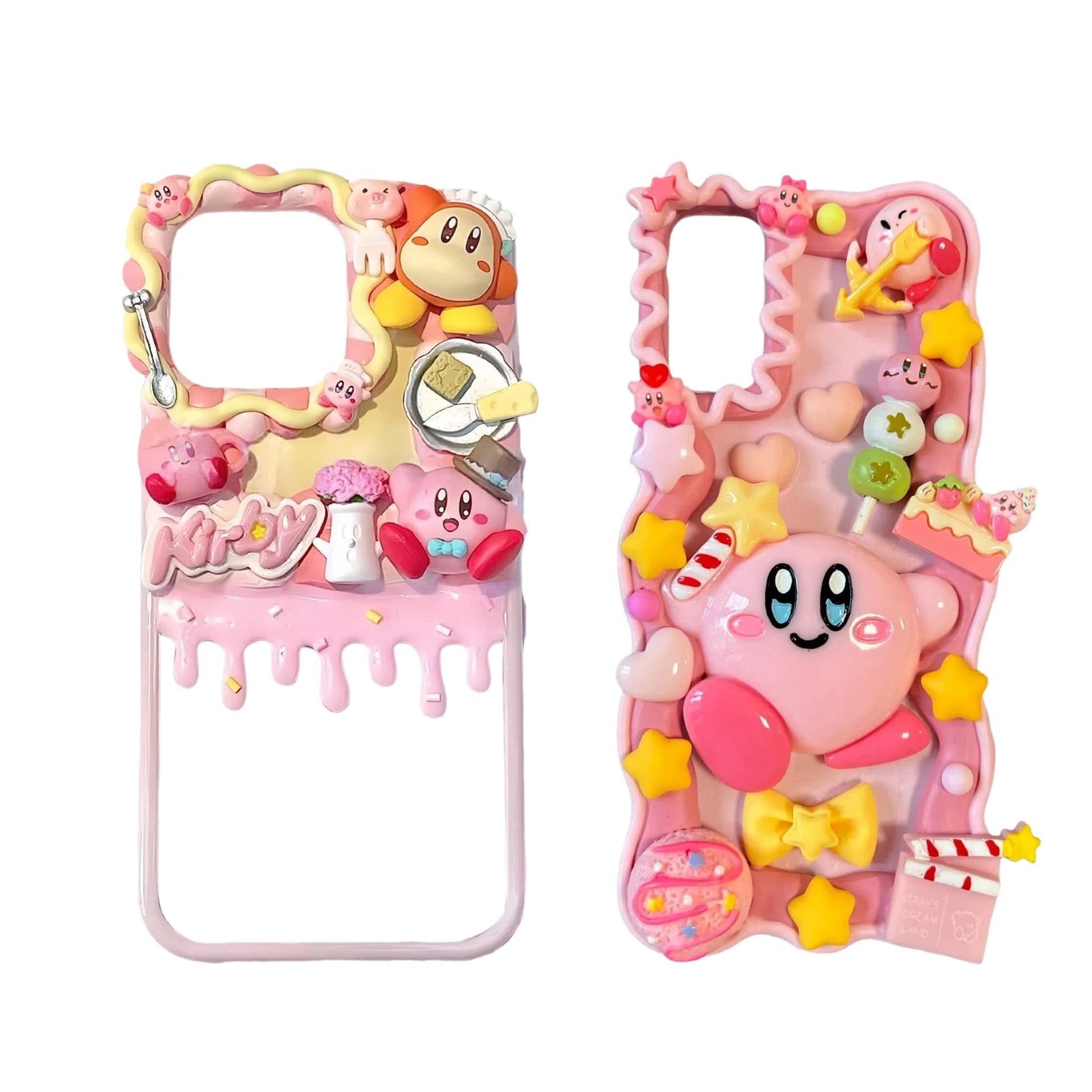 Premium handmade decoden phone case showcasing kawaii Kirby character with baroque cream glue craftsmanship