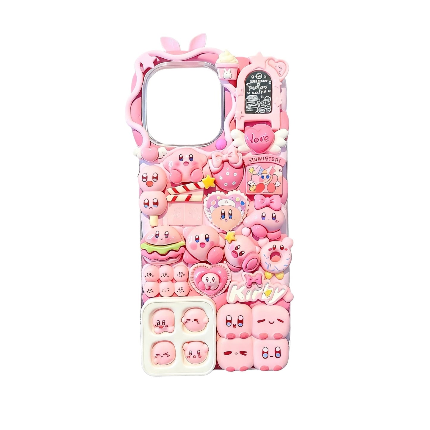 Close-up of custom Kirby decoden phone case showcasing intricate handcrafted cream glue details and Y2K inspired embellishments