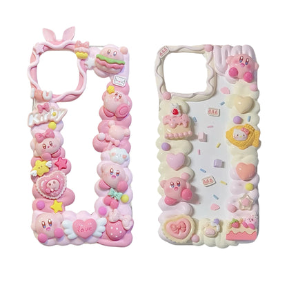 Premium handmade Kirby phone case with 3D cream glue decoration, artisanal decoden craftsmanship, kawaii Baroque design