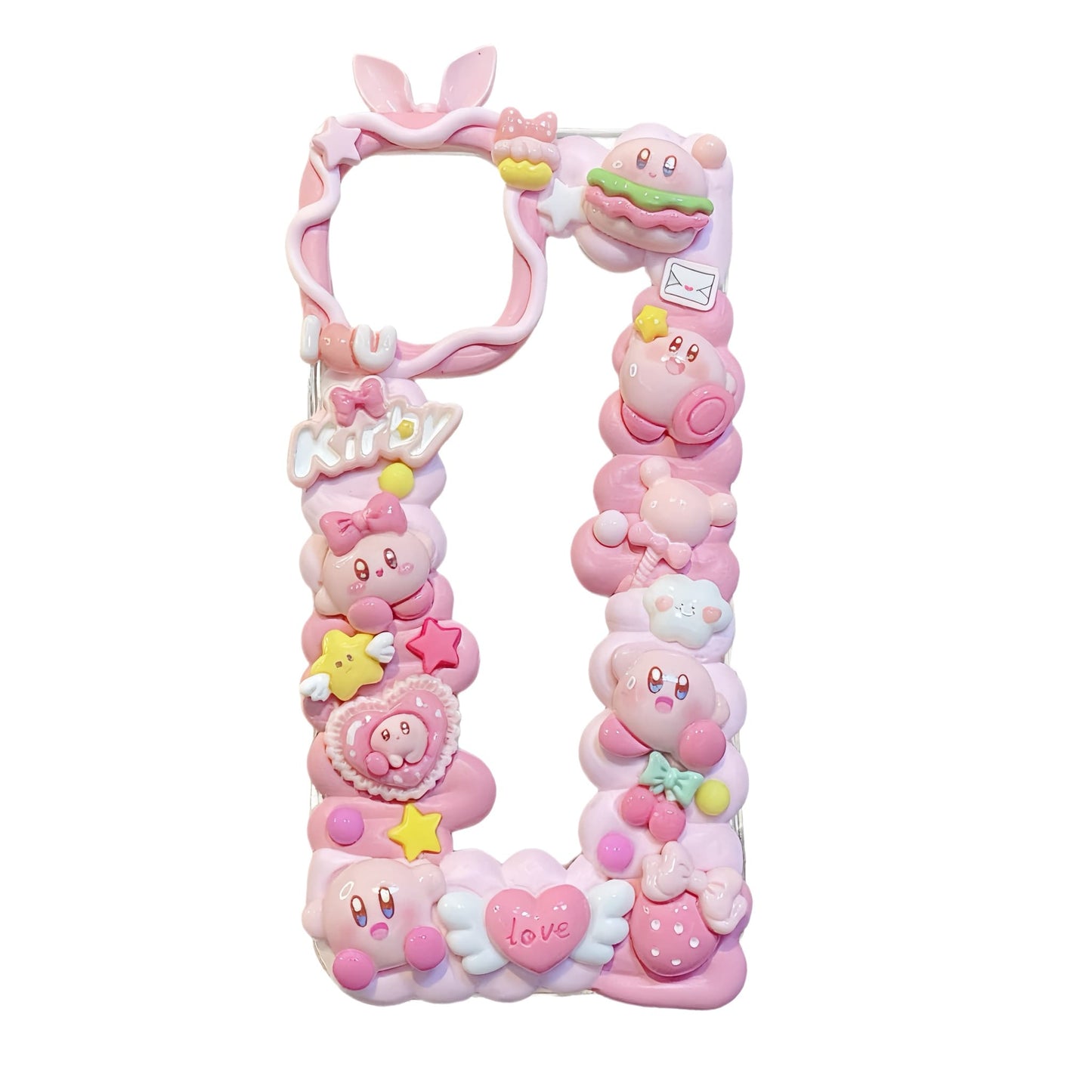 Handmade decoden phone case featuring 3D Kirby character with cream glue design in pink and white, Baroque Y2K kawaii aesthetic
