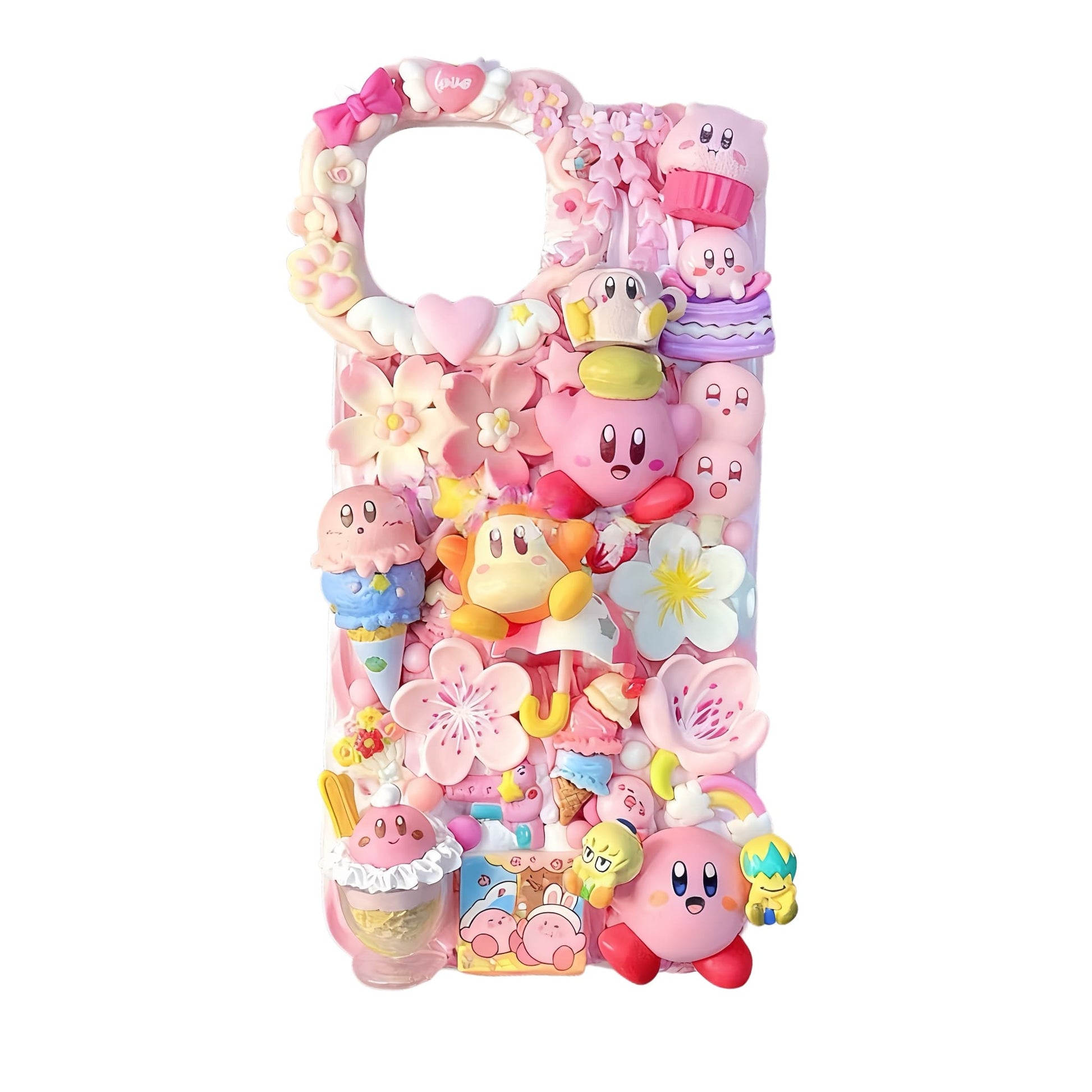 Handmade pink Kirby decoden phone case with 3D cream glue technique and kawaii Y2K aesthetic decorations