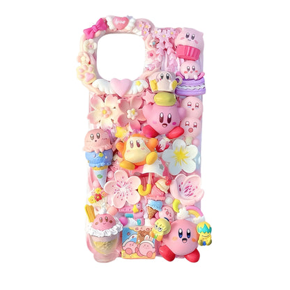 Handmade pink Kirby decoden phone case with 3D cream glue technique and kawaii Y2K aesthetic decorations