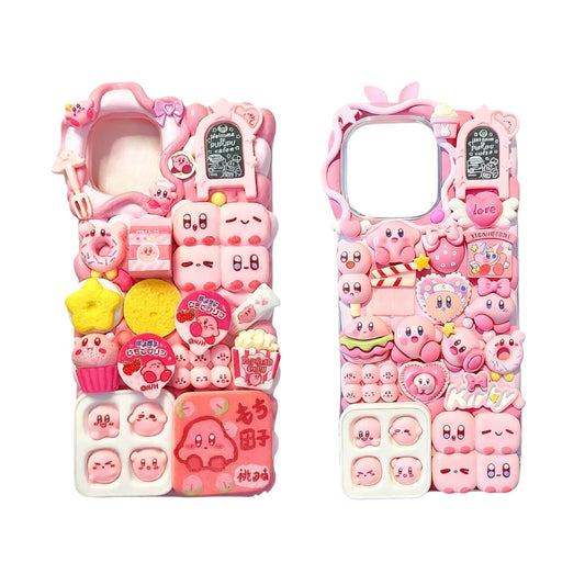 Kawaii Kirby phone case with luxe handmade decoden design on soft pink background, perfect gift-ready presentation
