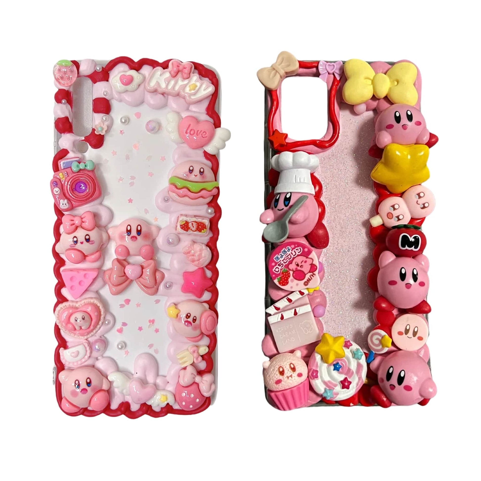 Premium handmade Kirby phone case with red 3D cream glue details, artisanal decoden craftsmanship, kawaii Baroque design