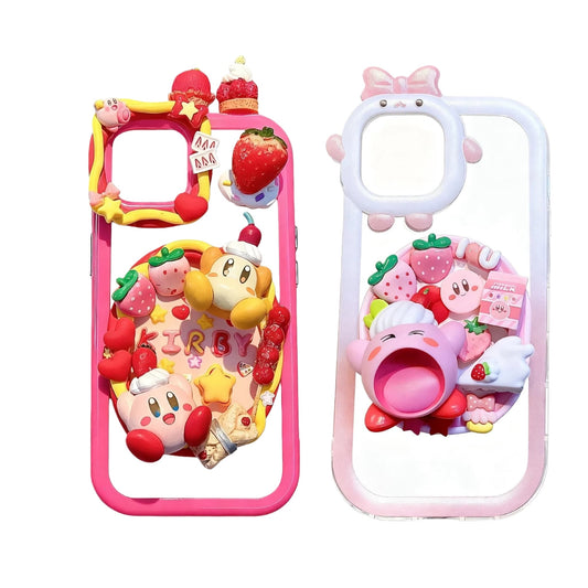 Handmade 3D Kirby decoden phone case with cream glue technique, Y2K style charms and kawaii baroque details