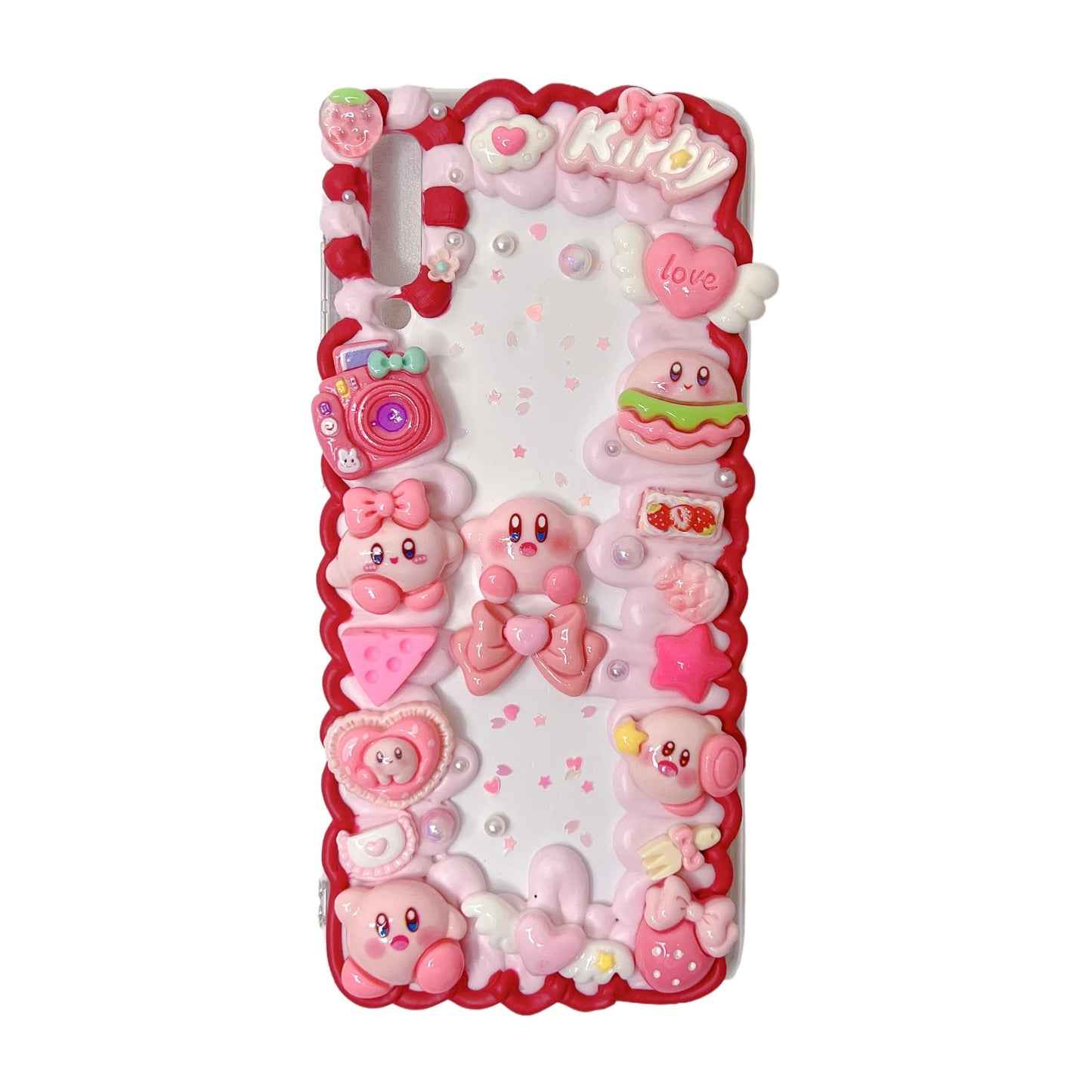 Handmade decoden phone case with custom Kirby design, pink cream glue accents, Baroque Y2K kawaii aesthetic